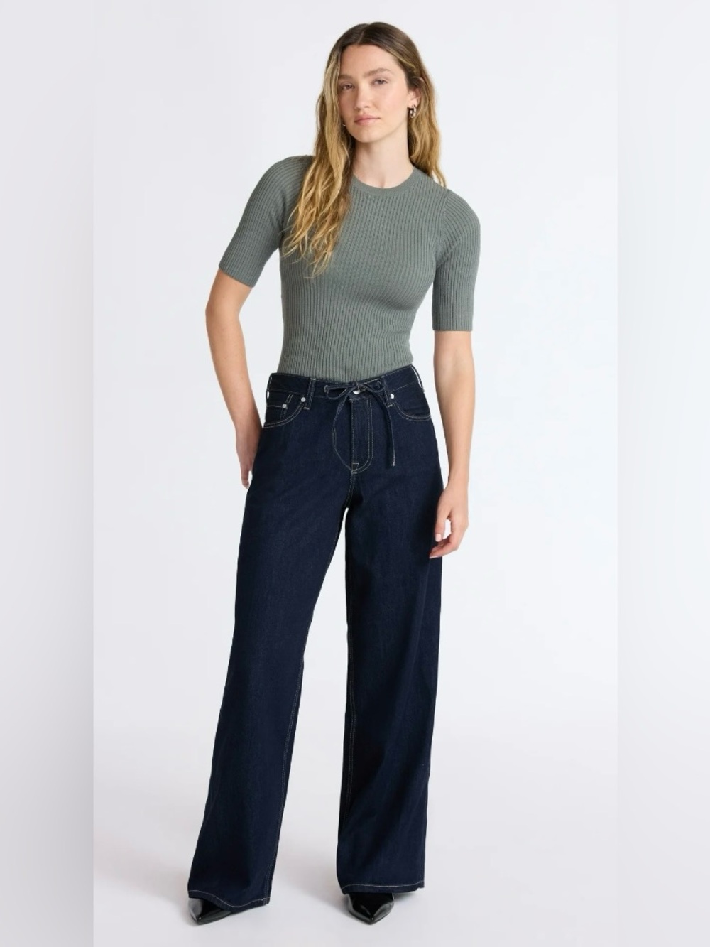 NWT Scoop Premium blend Dark Blue Denim relaxed low slung wide leg jeans